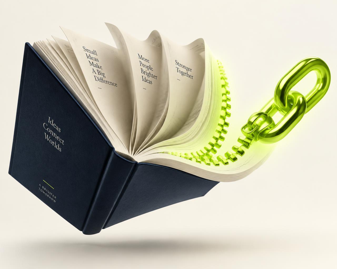 A book unfolding into a glowing link